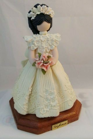 Gifina Figurine Faceless Girl In Lace Dress With Flowers On Swing W/ Wooden Base
