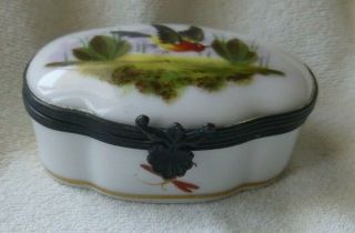 Vintage Hand Painted Porcelain Trinket Box Hinged Lid Bird Signed Sevres ?