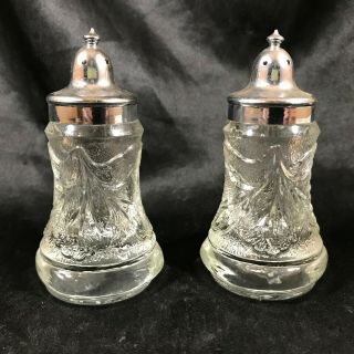 Vintage Clear Glass Floral Pattern 4” Salt And Pepper Shakers