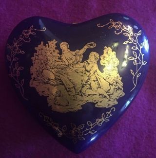 Limoges Cobalt Blue Trinket Box Hinged Heart Shaped 18 K Gold Courting Scene Vtg