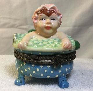 Lady In Bath Tub W/rubber Ducky,  Porcelain Hinge Trinket Box Vtg Estate Find