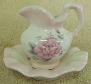 Vintage Collectibles - - Pink Roses - - Hand Painted Mini Pitcher & Bowl - - Great Patina