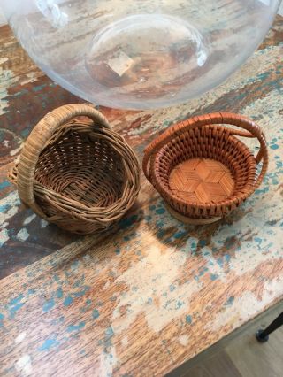 2 - Vintage Hand Woven Miniature Gathering Baskets Egg Berry Or Decor