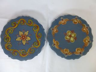 2 Vtg Hand Painted Wood Blue With Flowers Tray Plate Wall Hanging Signed Leona