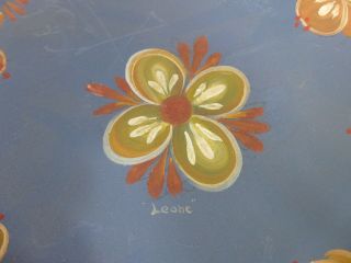 2 Vtg Hand Painted Wood Blue with Flowers Tray Plate Wall Hanging Signed Leona 2