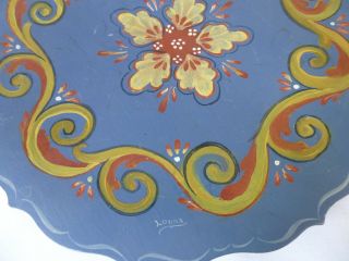 2 Vtg Hand Painted Wood Blue with Flowers Tray Plate Wall Hanging Signed Leona 3