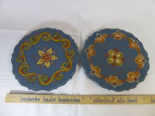 2 Vtg Hand Painted Wood Blue with Flowers Tray Plate Wall Hanging Signed Leona 5
