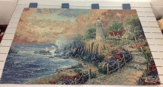 Thomas Kincade 36x26 Wall Tapestry The Light Of Peace Lighthouse Ocean Waves