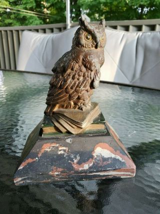 Vintage Owl Painted Metal Bookend Bronze Finish On Stone Base