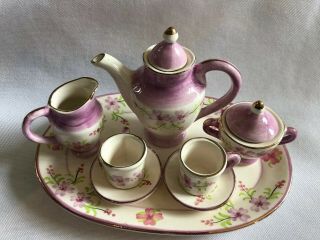 Miniature Porcelain Tea Set White With Purple Flowers And Goldtone Trim