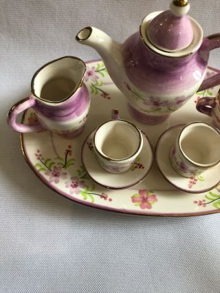 Miniature Porcelain Tea Set White with Purple Flowers and Goldtone trim 3