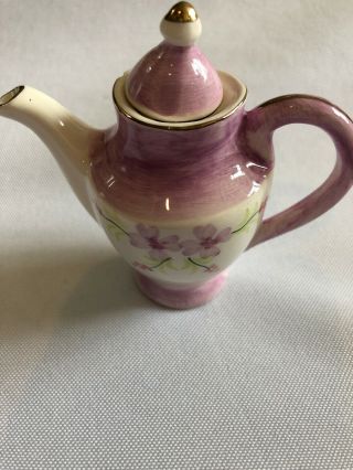 Miniature Porcelain Tea Set White with Purple Flowers and Goldtone trim 5