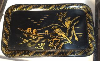 Vintage Metal Serving Tray Black And Gold Asian Birds