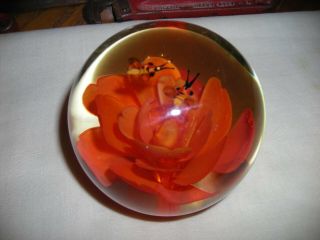 Glass Paperweight - Red Flower With Two Bees