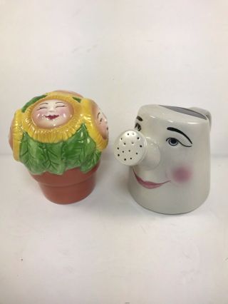 Clay Art Salt And Pepper Shakers Sunflower Pot Chipped Gray Watering Can Summer