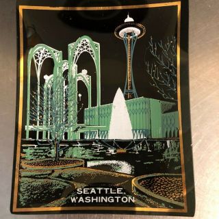 Vtg Black Gold Glass Seattle Space Needle Souvenir Dish Ashtray Trinket Candy