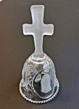 Praying Hands Glass Bell Vintage Clear Etched Frosted Religious Cross Clapper