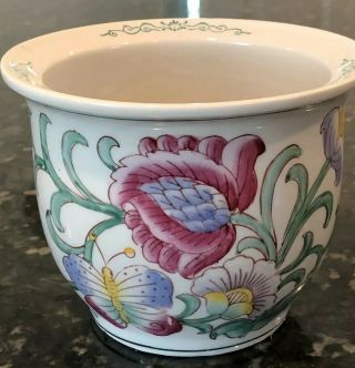 Asian Porcelain Small Planter/ Fish Bowl Floral & Butterfly Design 5 3/4 " X4 1/4 "
