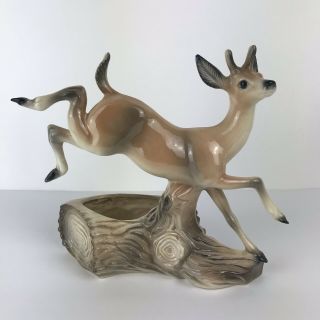 Vintage Ceramic Deer Doe Leaping Over Log Planter Figurine Maddux Of California