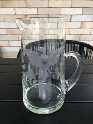 Vintage Patriotic Eagle Stars Etched Glass Pitcher With Applied Handle