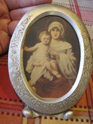 Antique Victorian / Art Deco Tin Metal 4 " Picture Frame Mary W/ Baby Jesus