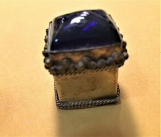 Tiny Two Piece Asian Square Metal Box With Decorative Blue Glass " Stone " On Top