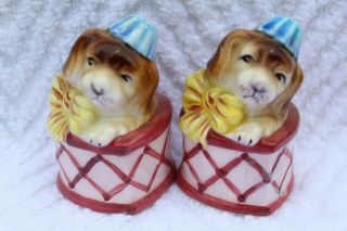 Vintage Adorable Puppies In Heart Boxes Salt And Pepper Shakers - Py Japan