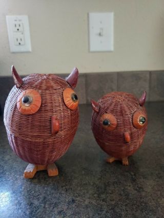 Set Of Vintage Owls Woven Wicker Wood Basket Trinket Container - Mom 5 " Baby 4 "
