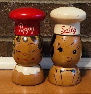 Vintage Japan Salty And Peppy Wooden Salt Pepper Shakers Hand Painted Adorable