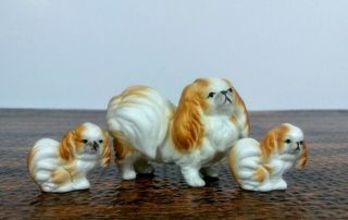 Vintage Hi Style By Bridge Japan Bone China Pekingese Dog Family Figurine Set