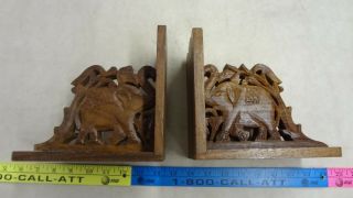 Vintage Hand Carved Wood Elephant Book Ends Solid Wood Trunks Up Retro