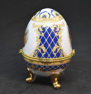 Vecceli Italy Hinged Porcelain Egg Shaped Trinket Box Cobalt Blue Gold Gilded 2