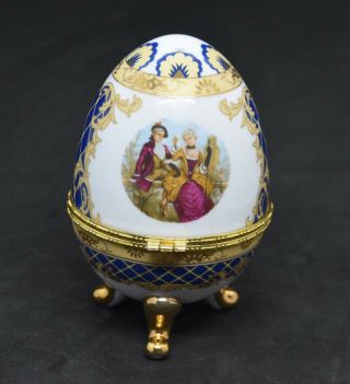 Vecceli Italy Hinged Porcelain Egg Shaped Trinket Box Cobalt Blue Gold Gilded 3