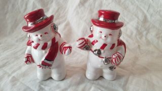 Vintage Ceramic Jolly Red - Silver Hat & Scarf White Snowmen S & P Shakers