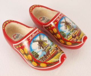 Dutch Wooden Shoes Holland Clogs Windmill Tulip Design Red 16cm 25 - 26 Hand Paint