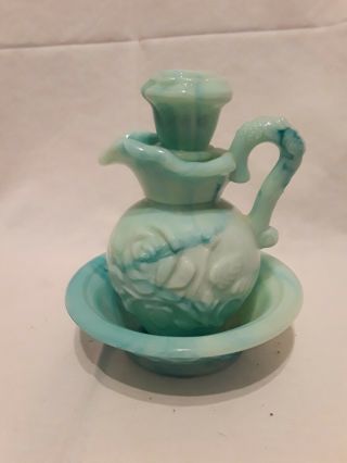 Vintage Avon Jade Milk Glass Pitcher & Bowl Perfume Bottle Set