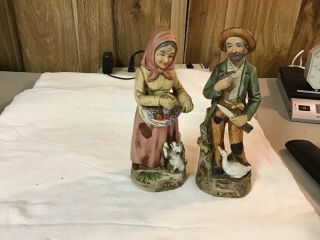 Set Homco Home Interior Old Farm Couple,  1417,  Man With Goose,  Woman With Dog