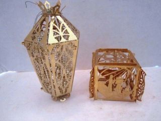 2 Reed & Barton 24k Gold Plated Brass Ornament Seasons Greetings Cube & Lantern