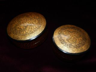 2 Indian Kashmir Painted Papier Mache Trinket Boxes Gold & Black Paisley Decor