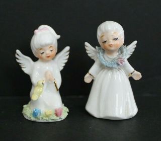 Vintage Napco Miniature Angel Figurines With Bird Spaghetti Trim