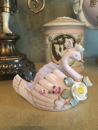 Vintage Lefton China Swan Delicate Pink Hand Painted Embellished With Rose’s