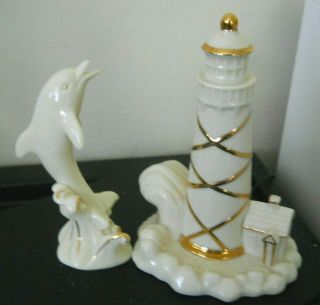 2 Lenox Fine China Ivory Lighthouse & Dolphin Both Trimmed W/24 K Gold