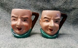 2 Vintage Miniature Japan Made Ceramic Toby Head Shaped Cups Mugs Toothpick Hold