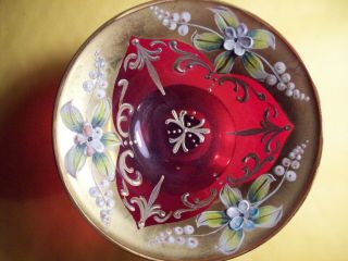 Vintage Red Glass Hand Painted With Gold Leaf Small Candy Dish 4