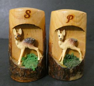 Vintage Wooden Deer Salt & Pepper Shakers Japan Carved Wood Tree Branch Bark
