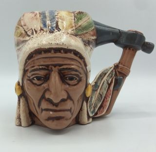 Vintage Hand Painted American Indian Chief Mug Native American Tomahawk Handle