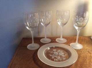 Avon Etched Glass Hummingbird Wine Glasses And Matching Plate