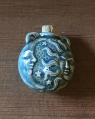 Miniature Pottery Jar Pendant,  Blue Glaze Sun And Moon Pottery Jar