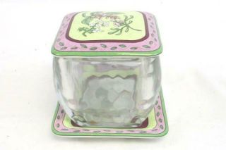 Partylite 3 Pc Square Glass Candle Holder w/ Lid & Plate Sweet Pea Floral Design 2