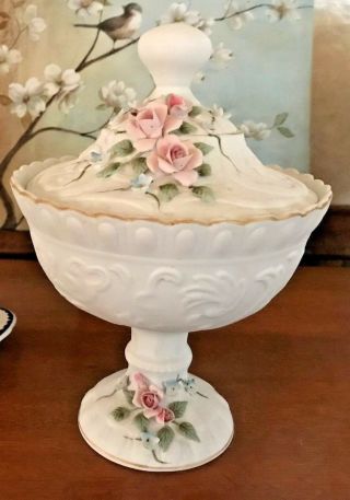 Large Lefton Compote With Lid Applied Pink Roses Blue Flowers Embossed Design